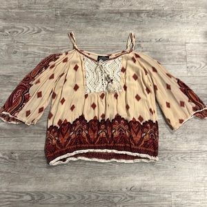 Angie Blouse, Small, Bohemian Rust Red Paisley Cold Shoulder Lace Accent